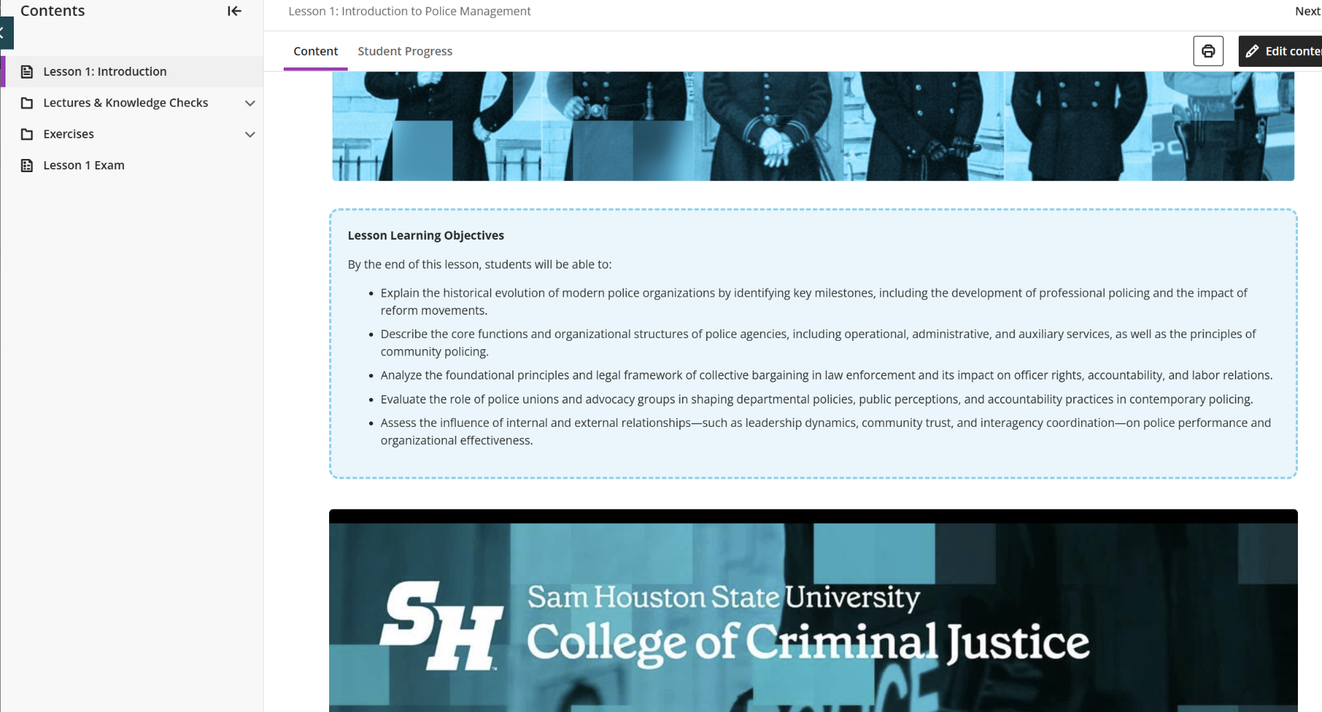 Online lesson page for CJ 3338 Introduction to Police Personnel Management showing a contents sidebar, the lesson title 'Introduction to Police Management,' and a lesson learning objectives panel.