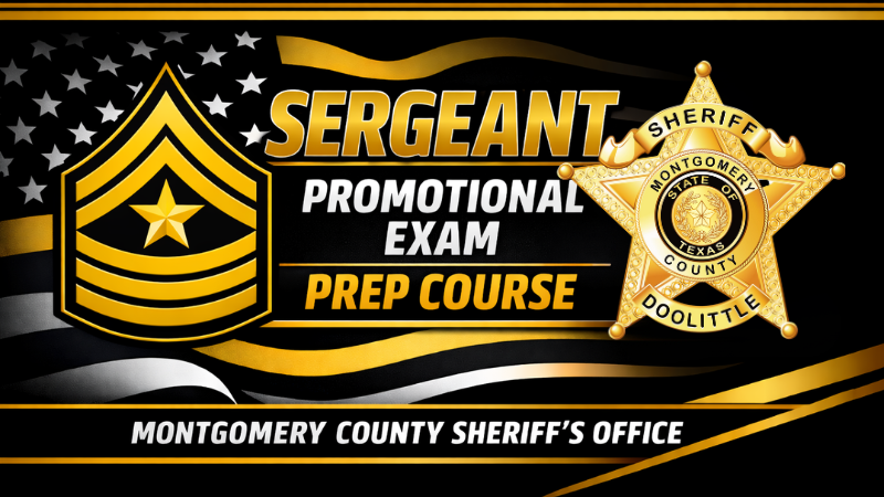 Course identity graphic for the Montgomery County Sheriff's Office Sergeant Promotional Exam Prep Course, featuring a sergeant rank insignia and the agency star.