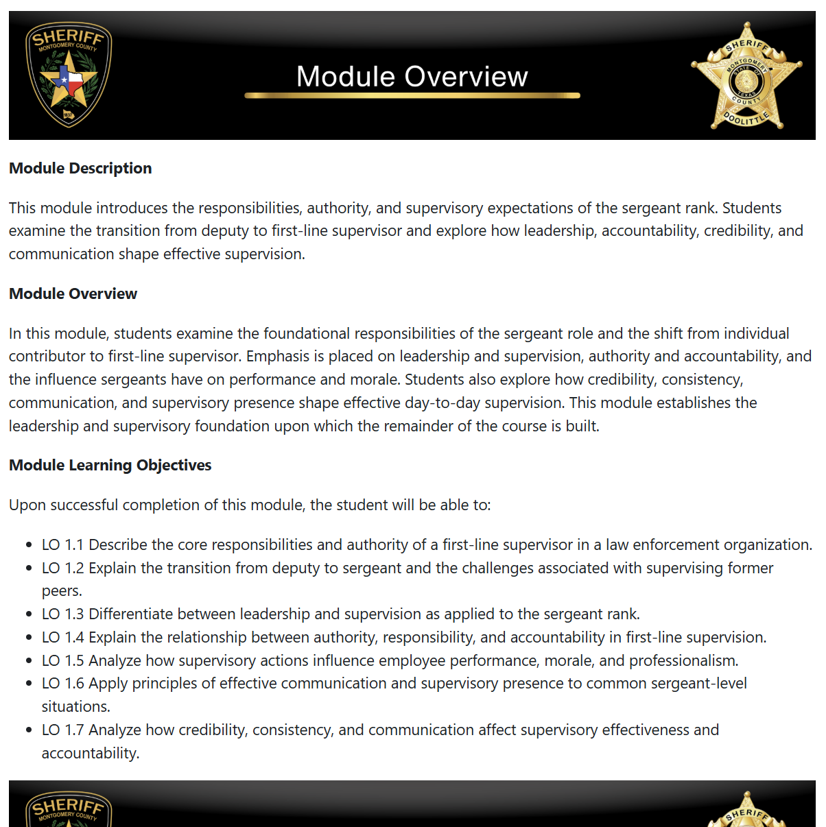 Module overview page for Module 1: The Sergeant's Role, Authority, and Leadership Foundations, showing module description, overview narrative, and a numbered list of learning objectives.