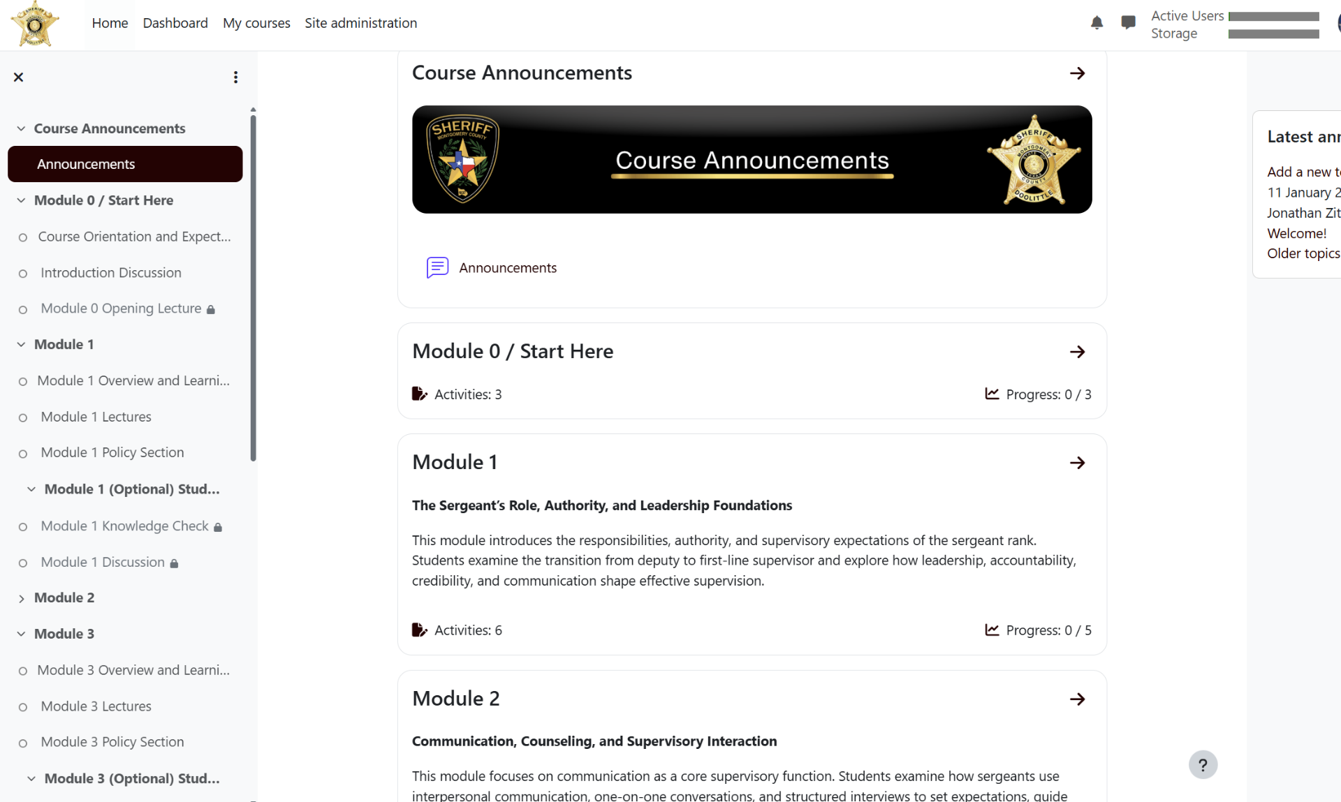 MoodleCloud course homepage for the Sergeant Promotional Prep Course showing course announcements and a left-side module navigation outline that includes Module 0 Start Here through Module 3.